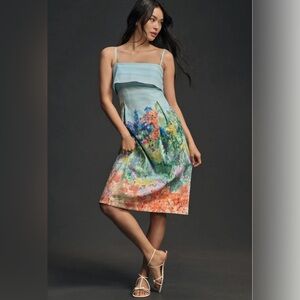 Anthropologie Sleeveless Foldover Knee Length Dress Blue Pastel Floral Med EUC